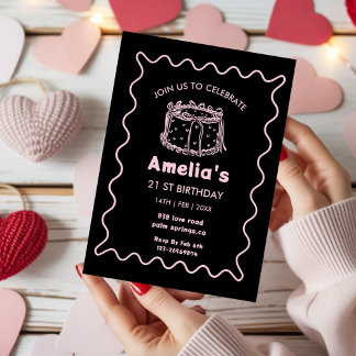 Pink and white Wavy Birthday hand drawn cake Einladung