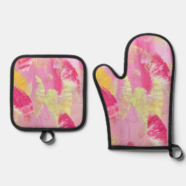 Pink and Yellow Abstract Art Ofenhandschuh & Topflappen-Set