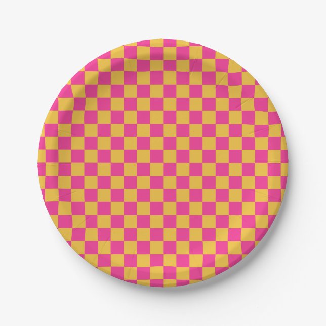 Pink and Yellow Checkerboard Pappteller (Vorderseite)