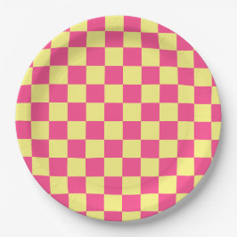 Pink and Yellow Checkered Print Pappteller