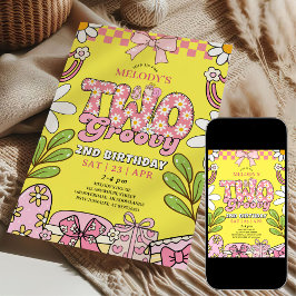 Pink and Yellow Daisy 2nd Birthday Retro Birthday Einladung