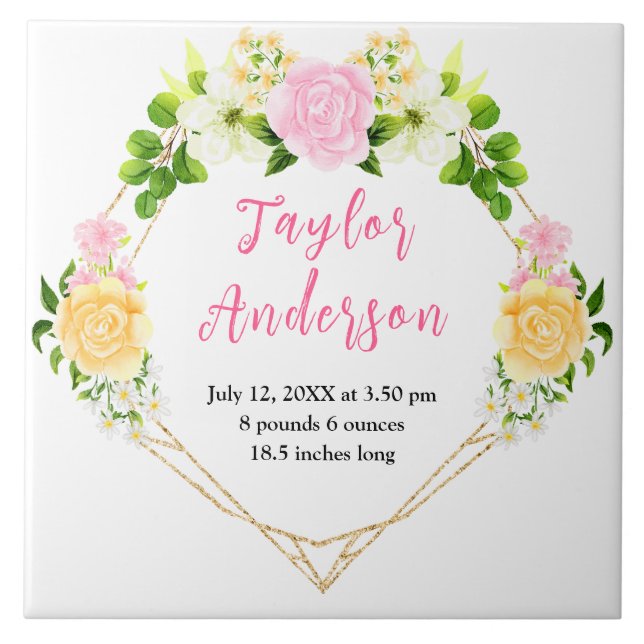 Pink and Yellow Floral Baby Birth Stats Fliese (Vorderseite)