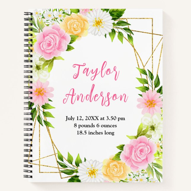 Pink and Yellow Floral Baby Birth Stats Notizbuch (Vorderseite)