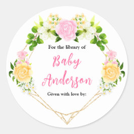 Pink and Yellow Floral Baby Shower Bookplate Runder Aufkleber