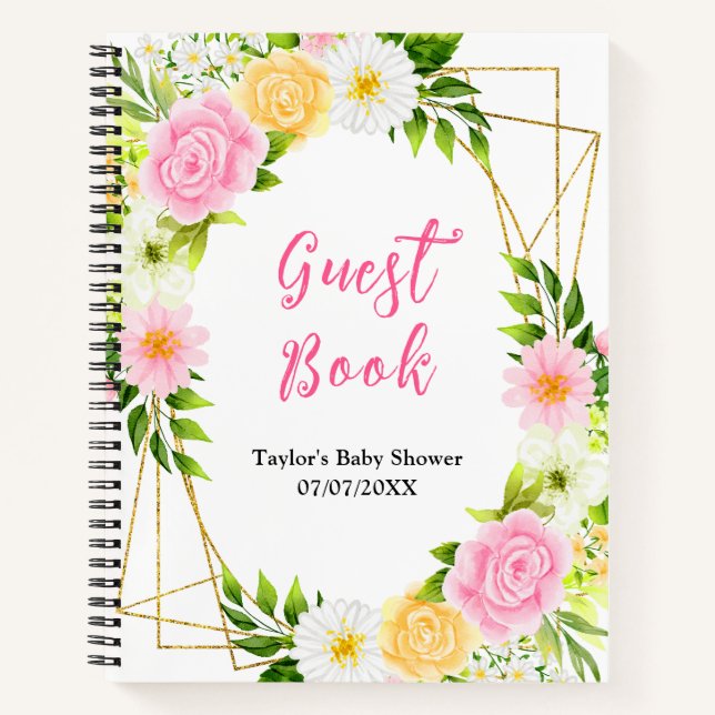 Pink and Yellow Floral Baby Shower Guest Book Notizbuch (Vorderseite)
