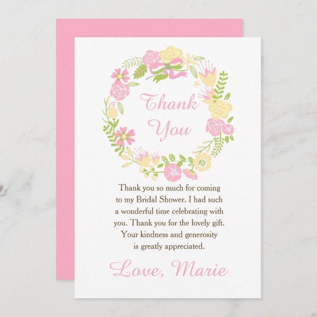 Pink and Yellow Floral Wreath Bridal Shower Dankeskarte (Vorne/Hinten)