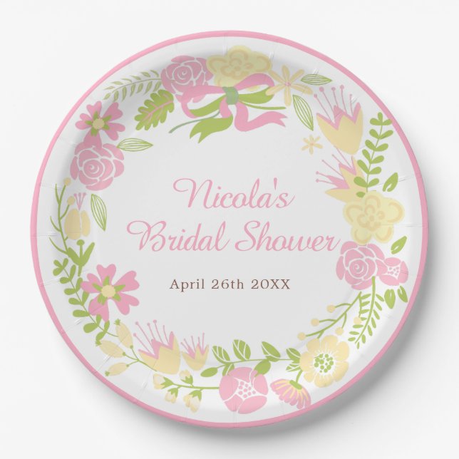 Pink and Yellow Floral Wreath Bridal Shower Pappteller (Vorderseite)