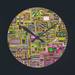 Pink and Yellow Geometric shapes pop art punk Runde Wanduhr<br><div class="desc">From an original hand drawn design by Nola Edsall of square and rectangle geometric doodle shapes with various busy patterns. This stunning, artistic design is intricate and detailed and uses the bright pop art punk colours of pink, yellow, lime green and black. Perfect to add a pop of colour to...</div>
