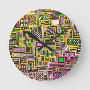 Pink and Yellow Geometric shapes pop art punk Runde Wanduhr