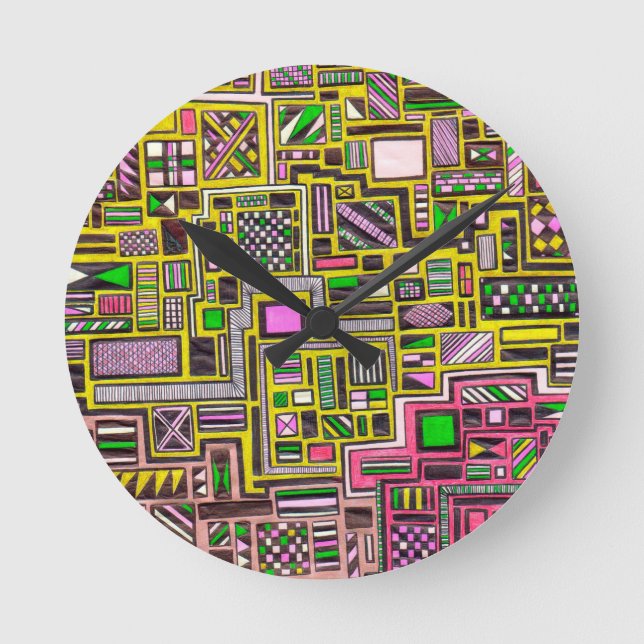 Pink and Yellow Geometric shapes pop art punk Runde Wanduhr (Vorderseite)