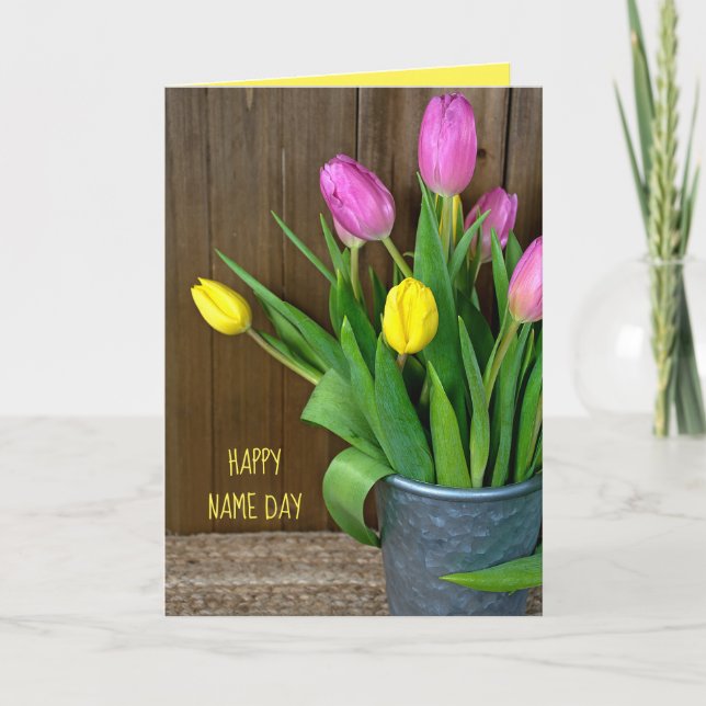 pink and yellow tulips in bucket Name Day Karte (Vorderseite)