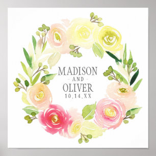 Pink and Yellow Watercolor Floral Wreath Wedding Poster