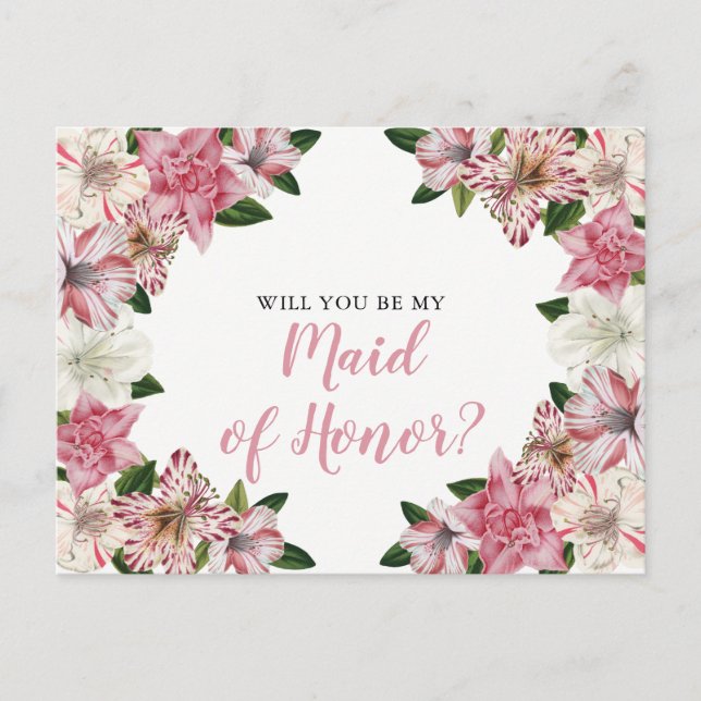 Pink | Anfrage zur Trauzeugin von Vintagen Blumen Einladungspostkarte (Vorderseite)