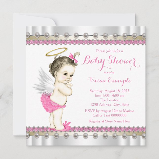 Pink Angel Baby Girl Dusche Einladung (Vorderseite)