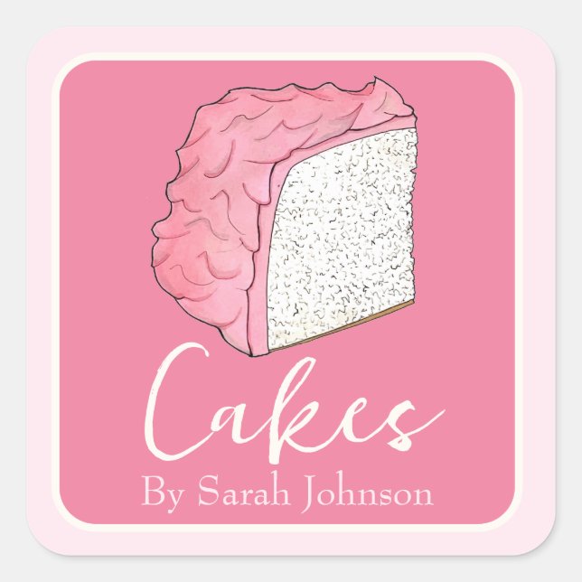 Pink Angel Food Cake hausgemacht gebacken von Quadratischer Aufkleber (Vorderseite)