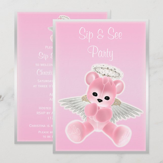 Pink Angel Teddy Bear Sip & See Einladung (Vorne/Hinten)