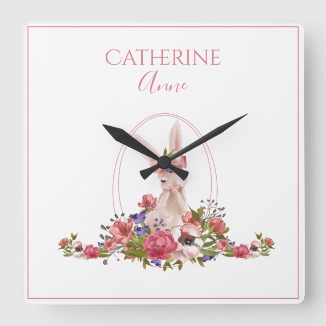 Pink Animal Bunny Floral Girl Name Quadratische Wanduhr (Vorderseite)