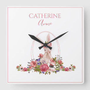 Pink Animal Bunny Floral Girly Name Quadratische Wanduhr