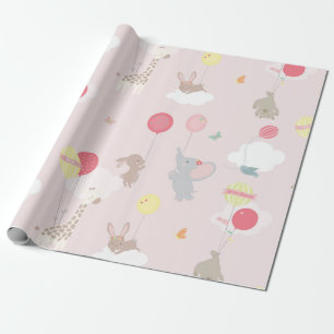 Pink Animals Clouds Balloons Baby Geschenkpapier