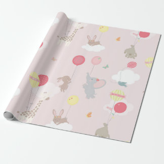 Pink Animals Clouds Balloons Baby Geschenkpapier