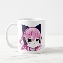 Pink Anime Girl in Cat Ohr Kopfhörer Kaffeetasse