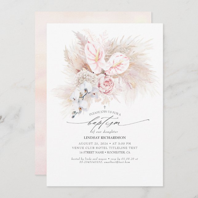 Pink Anthurium und Pampas Gras Blumentaufen Einladung (Vorne/Hinten)
