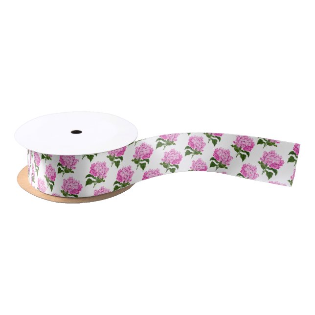 Pink Antique Hydrangea Flower Pattern Satinband (Spule)