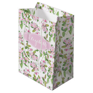 Pink Apple Blossom Blumenmuster auf Weiß Mittlere Geschenktüte