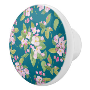 Pink Apple Blossom Floral auf dunkelblauem Hinterg Keramikknauf