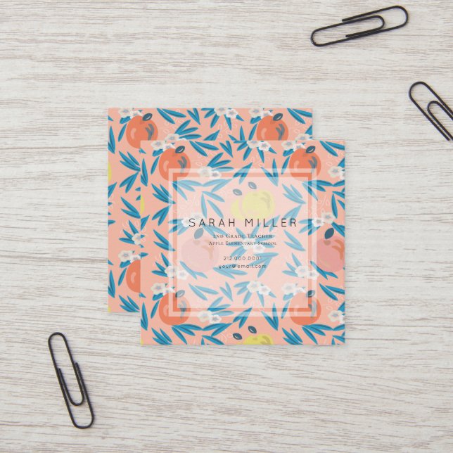 Pink Apple floral Muster Lehrer Sq Visitenkarte (Vorderseite/Rückseite Beispiel)