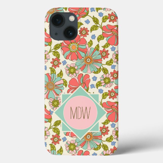 Pink Aqua 70er Retro Floral Personalisiert Case-Mate iPhone Hülle (Rückseite)