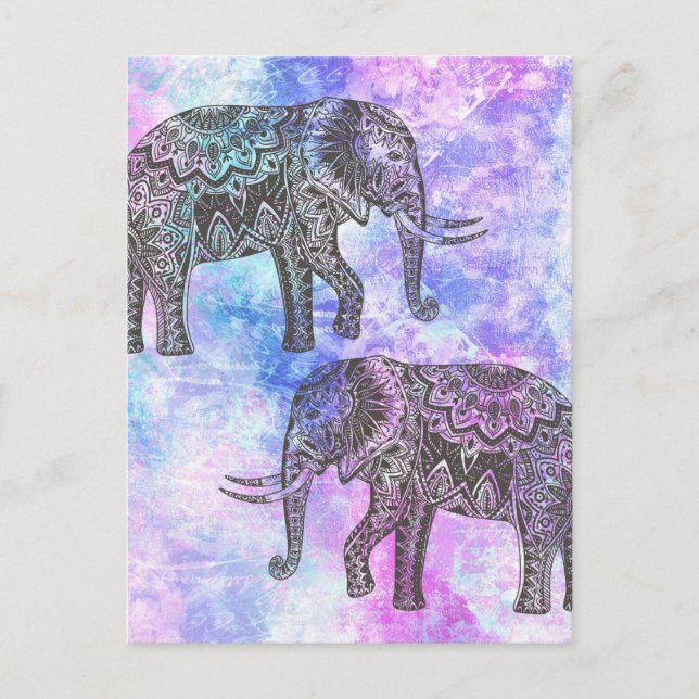 Pink Aqua Black Elephant Bright Tribal Postkarte (Vorderseite)