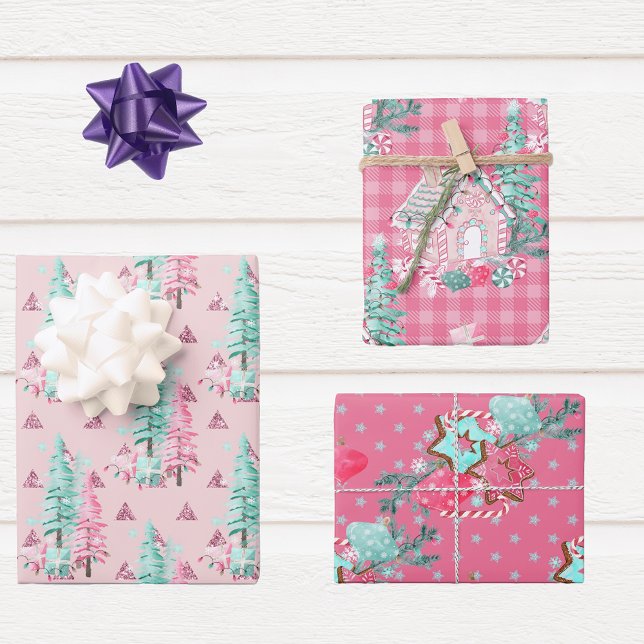 Pink Aqua Blauer Weihnachtsbäckerbaum Geschenkpapier Set (Von Creator hochgeladen)
