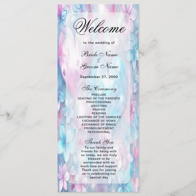 Pink Aqua Hearts and Blume Hochzeitsprogramm Programm (Vorderseite)