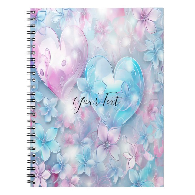 Pink Aqua Hearts und Blume Notebook Notizblock (Vorderseite)