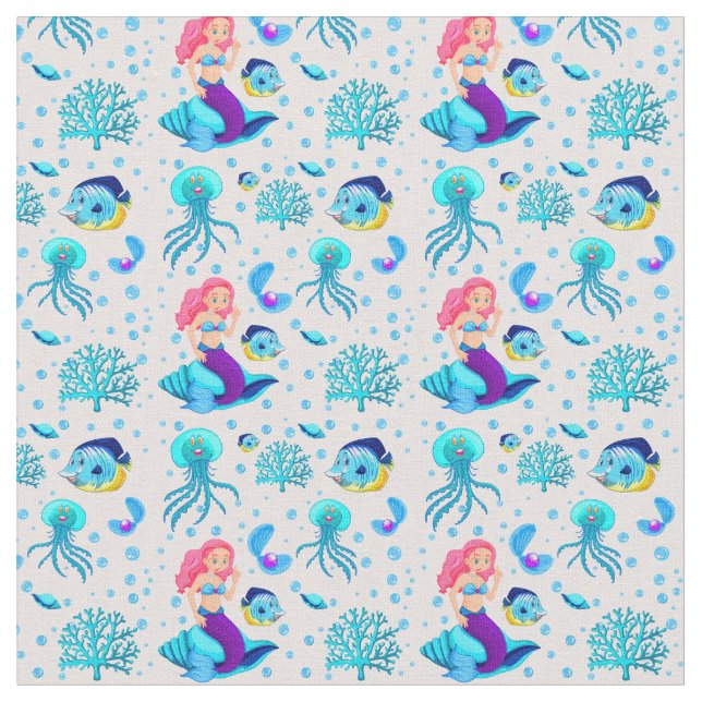 Pink Aqua Mermaid auf Seashell Unterwasserfisch Stoff (Nahaufnahme)