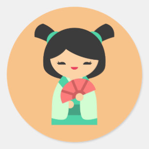 Pink Aqua peach Kokeshi Japanische Puppen Runder Aufkleber