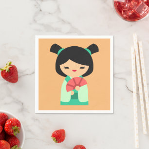 Pink Aqua peach Kokeshi Japanische Puppen Serviette