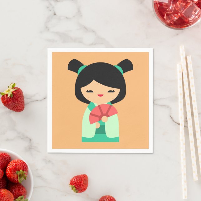 Pink Aqua peach Kokeshi Japanische Puppen Serviette (Beispiel)