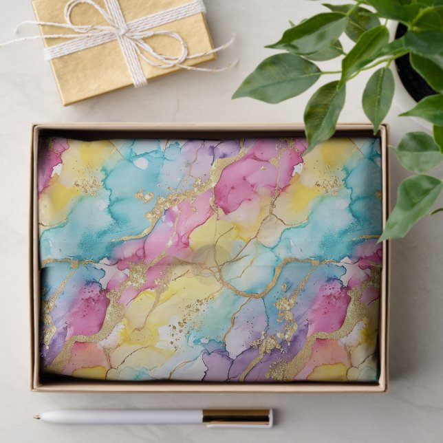 Pink Aqua Turquoise Yellow Purple Gold Marble Seidenpapier (Geschenk)
