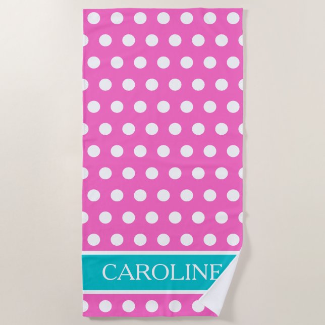 Pink Aqua und White Polka Dot Personalisiert  Strandtuch (Vorderseite)