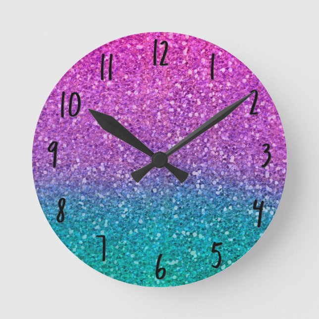 Pink Aquamarin Aqua Blue & Lila Funkelnd Glitzer Runde Wanduhr (Vorderseite)