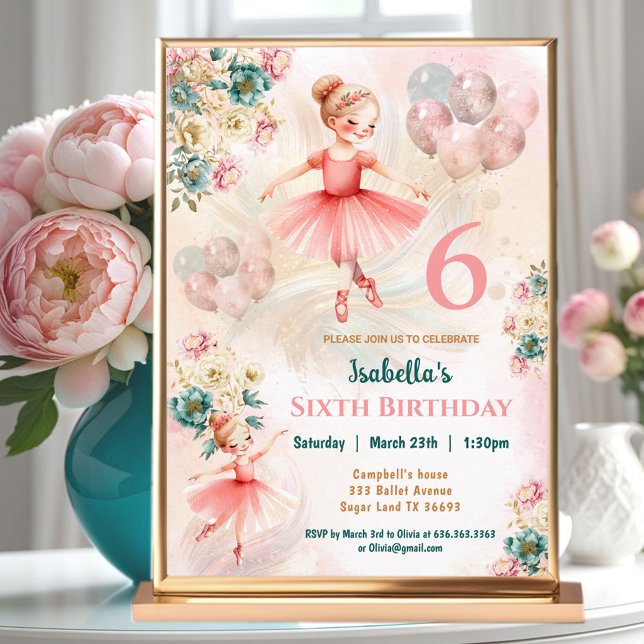 Pink Aquamarin Blond Ballerina Girl Geburtstag Einladung (Pink Teal Floral Blond Ballerina Girl Birthday Invitation)