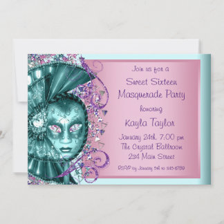 Pink Aquamarin Blue 16 . Geburtstag Masquerade Par Einladung