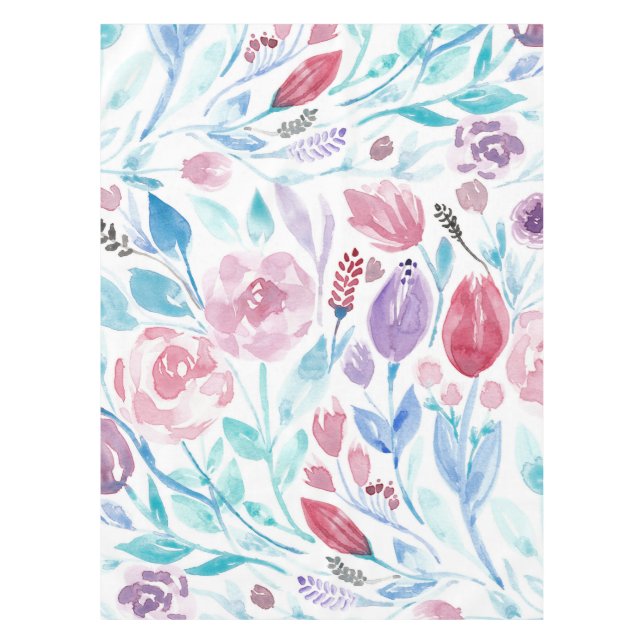 Pink Aquamarin Blue Spring Watercolor Blume Muster Tischdecke (Vorderseite)