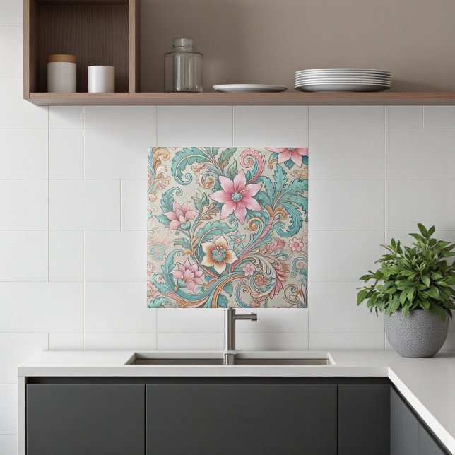 Pink Aquamarin Boho Batik Indonesische Wasserfarbe Fliese (Pink Teal Boho Batik Indonesian Watercolor Floral Ceramic Tile)