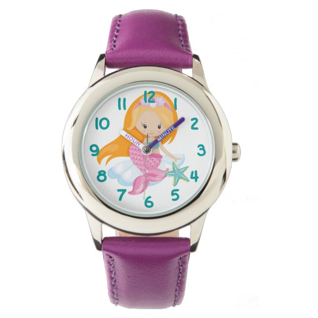 Pink Aquamarin Mermaid Kids Armbanduhr (Vorderseite)