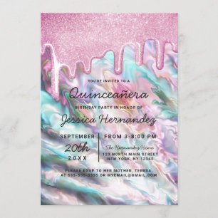 Pink Aquamarin Pearl Opal Glitzer Tropfen Quinceañ Einladung