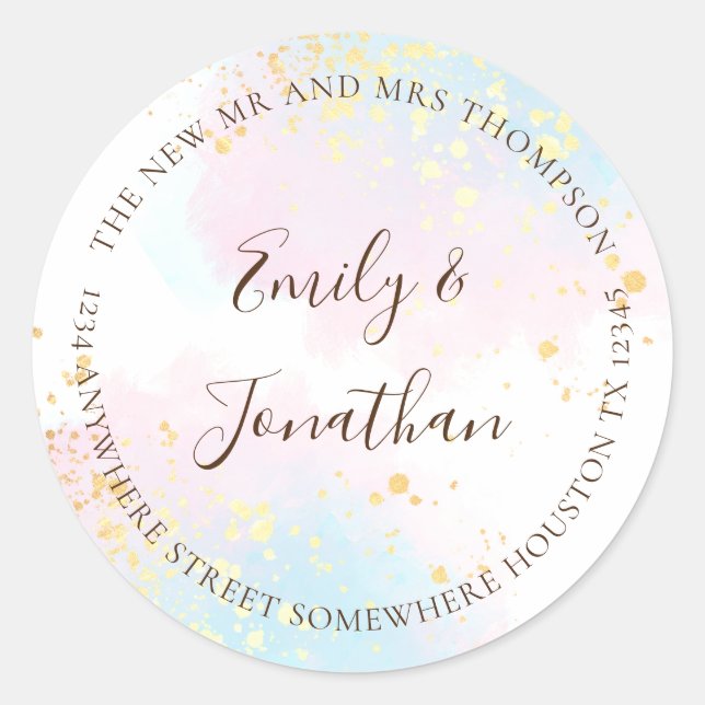 Pink Aquamarin Watercolor Goldname Anschrift Hochz Runder Aufkleber (Vorderseite)