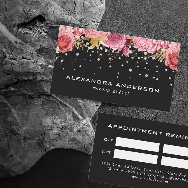 Pink Aquarell Blume Diamant Glitzer Salon Schwarz Terminkarte (Pink Watercolor Flower Diamond Glitter Salon Black Appointment Card)